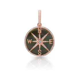 14KT Rose Gold Black Mother of Pearl Diamond Compass Charm with Diamond Clip on Bail