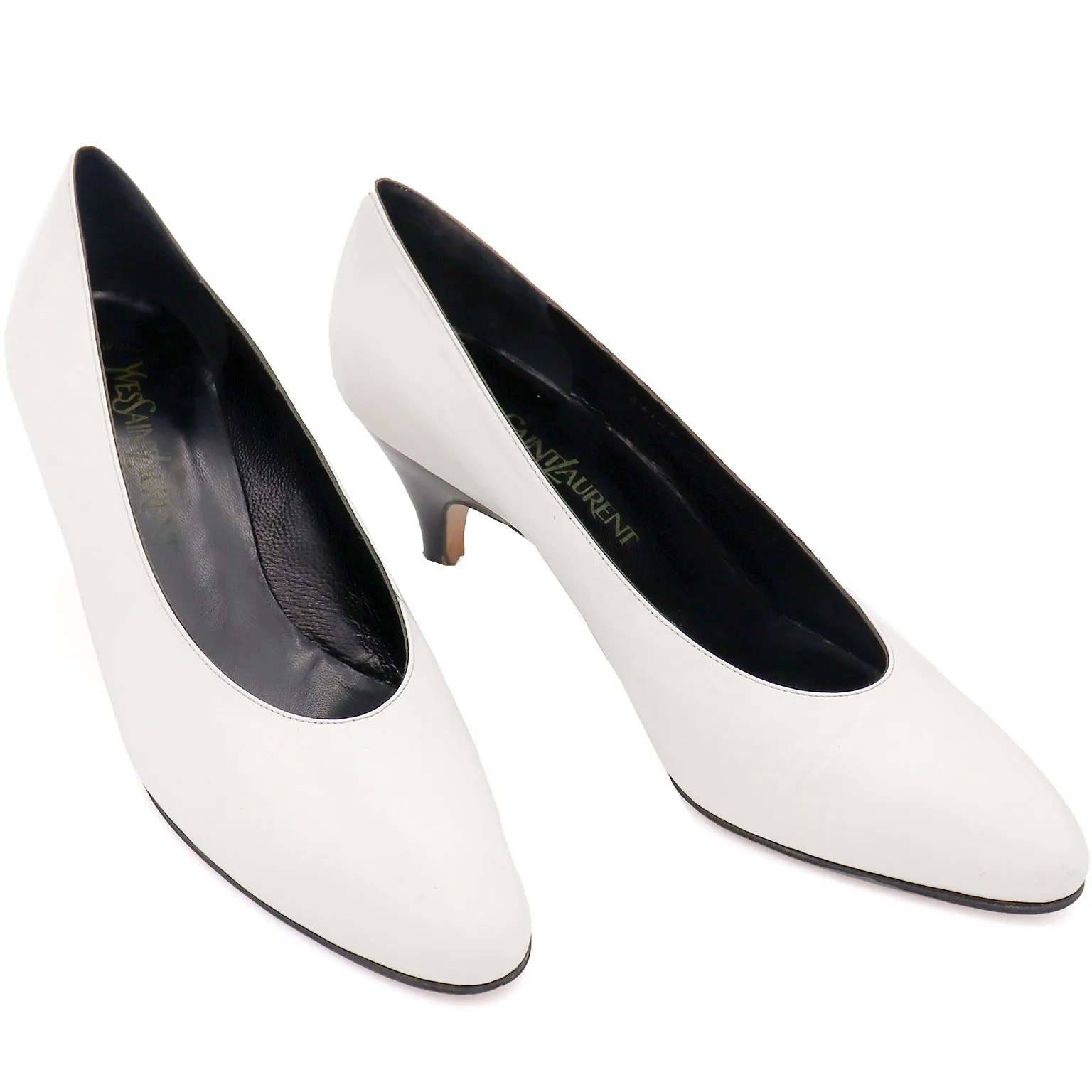 1970's Yves Saint Laurent White Leather Shoes With Black Heels