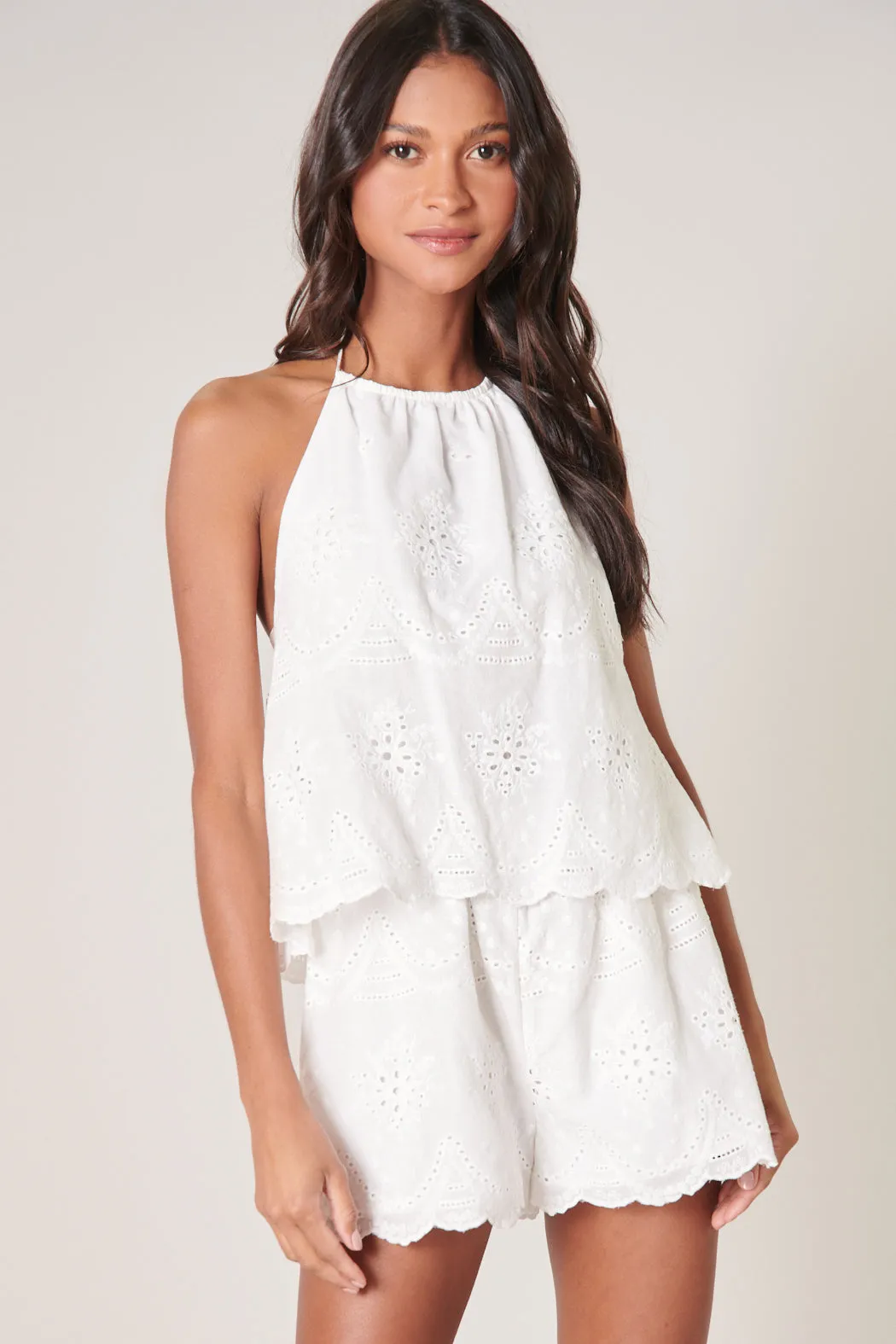 Aislyn Scalloped Eyelet Halter Romper