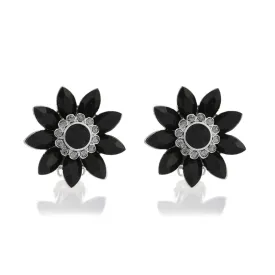 Audrey Hepburn Inspired Clip on Earrings: Black Flower & Crystal Clip On Earrings