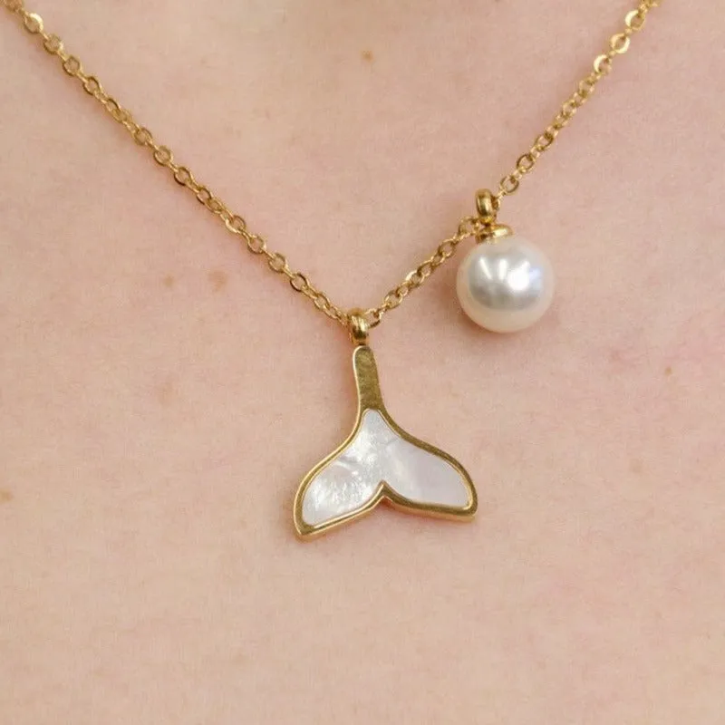 Batan | Mother of Pearl Whale Tail & Freshwater Gold Plated Pendant Neckalce