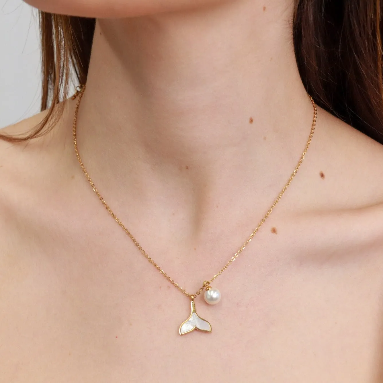 Batan | Mother of Pearl Whale Tail & Freshwater Gold Plated Pendant Neckalce