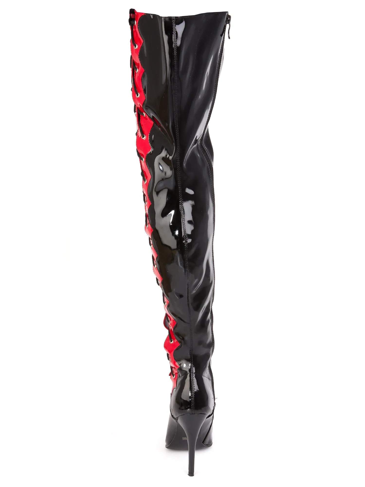 Black & Red Thigh Boots With Side Lacing