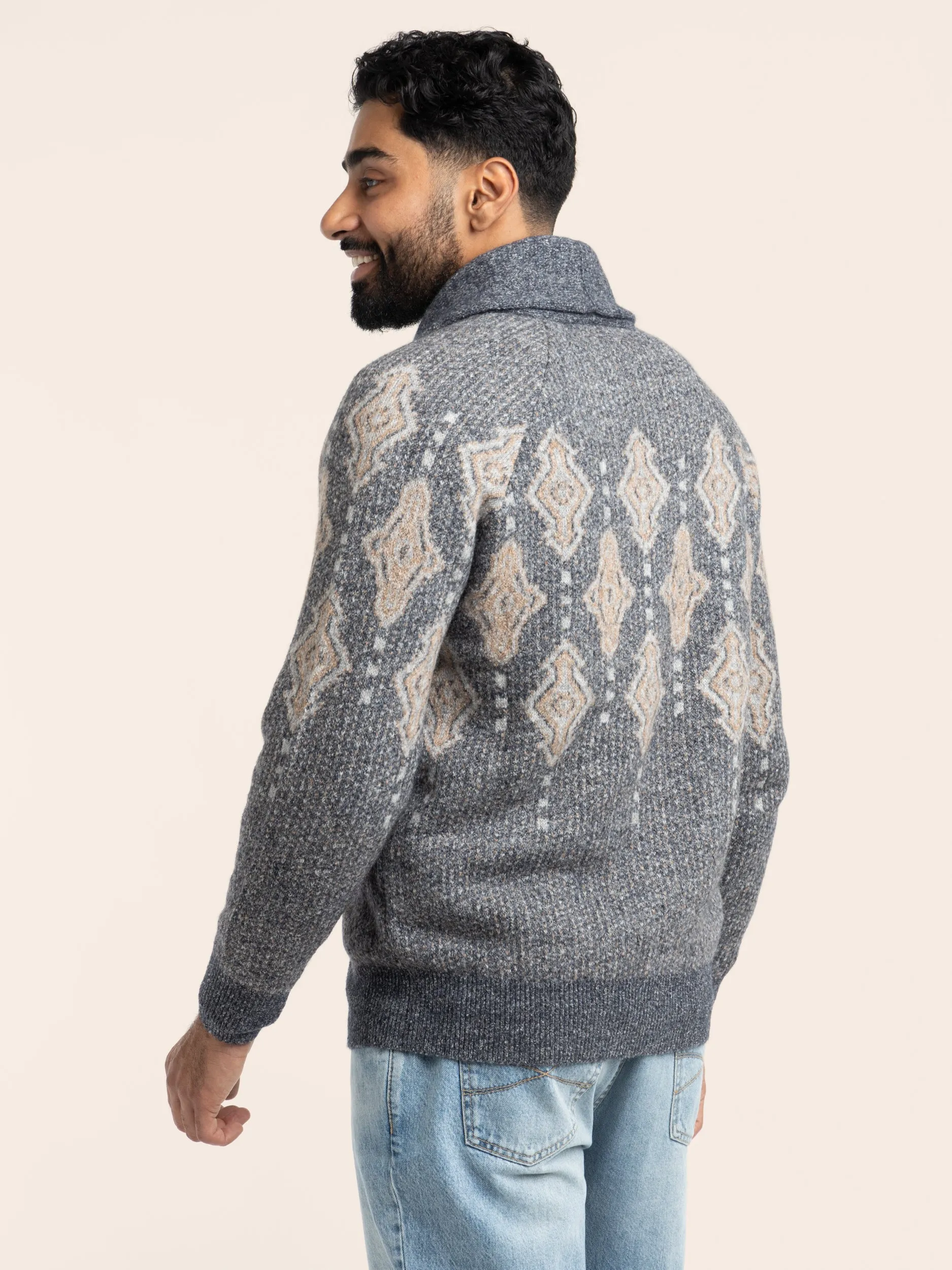 Blue Geometric Jacquard Cardigan