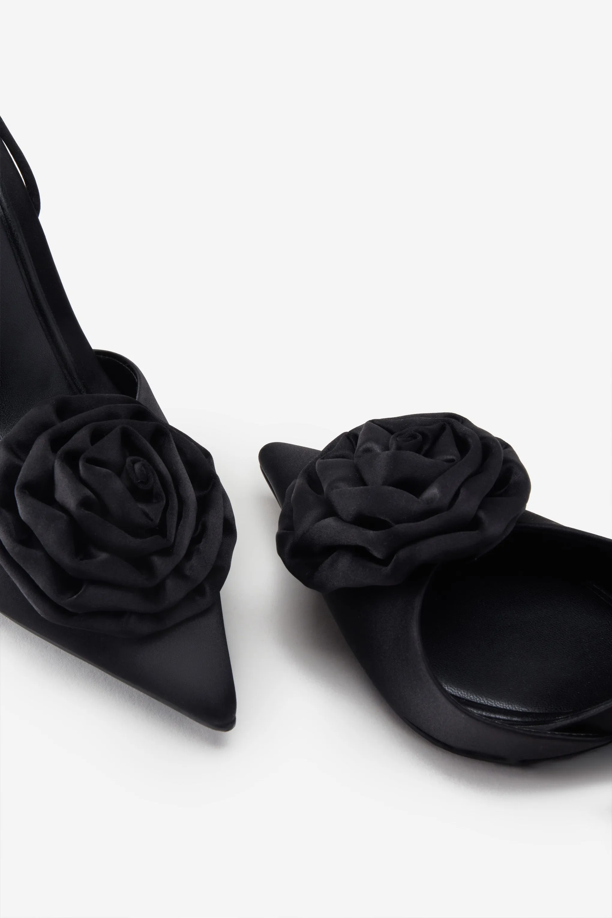 Clearly | Black Satin Lace-Up Stiletto Heels With Flowers