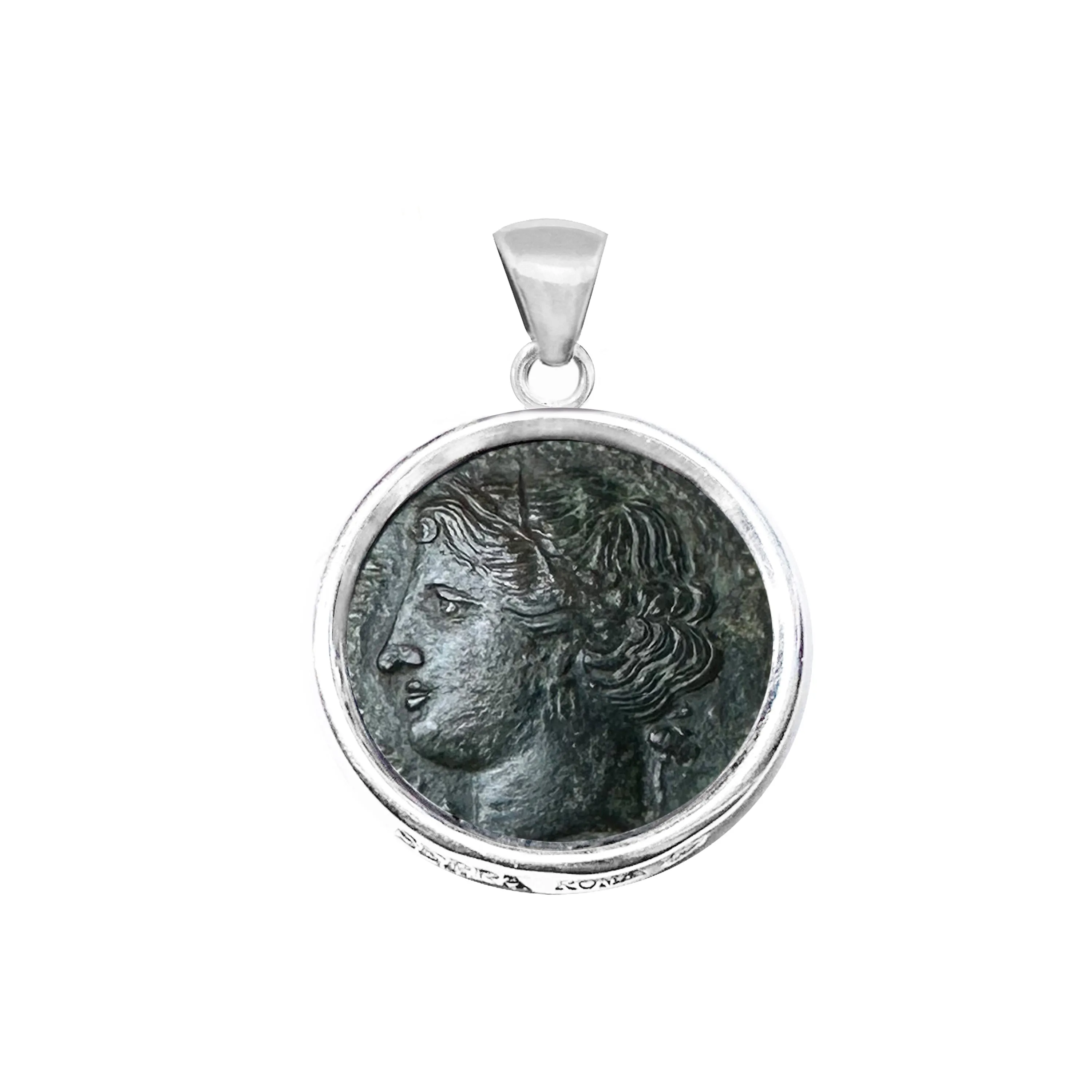 Genuine Greek Bronze Coin Silver Pendant depicting Persephone; bull on the back