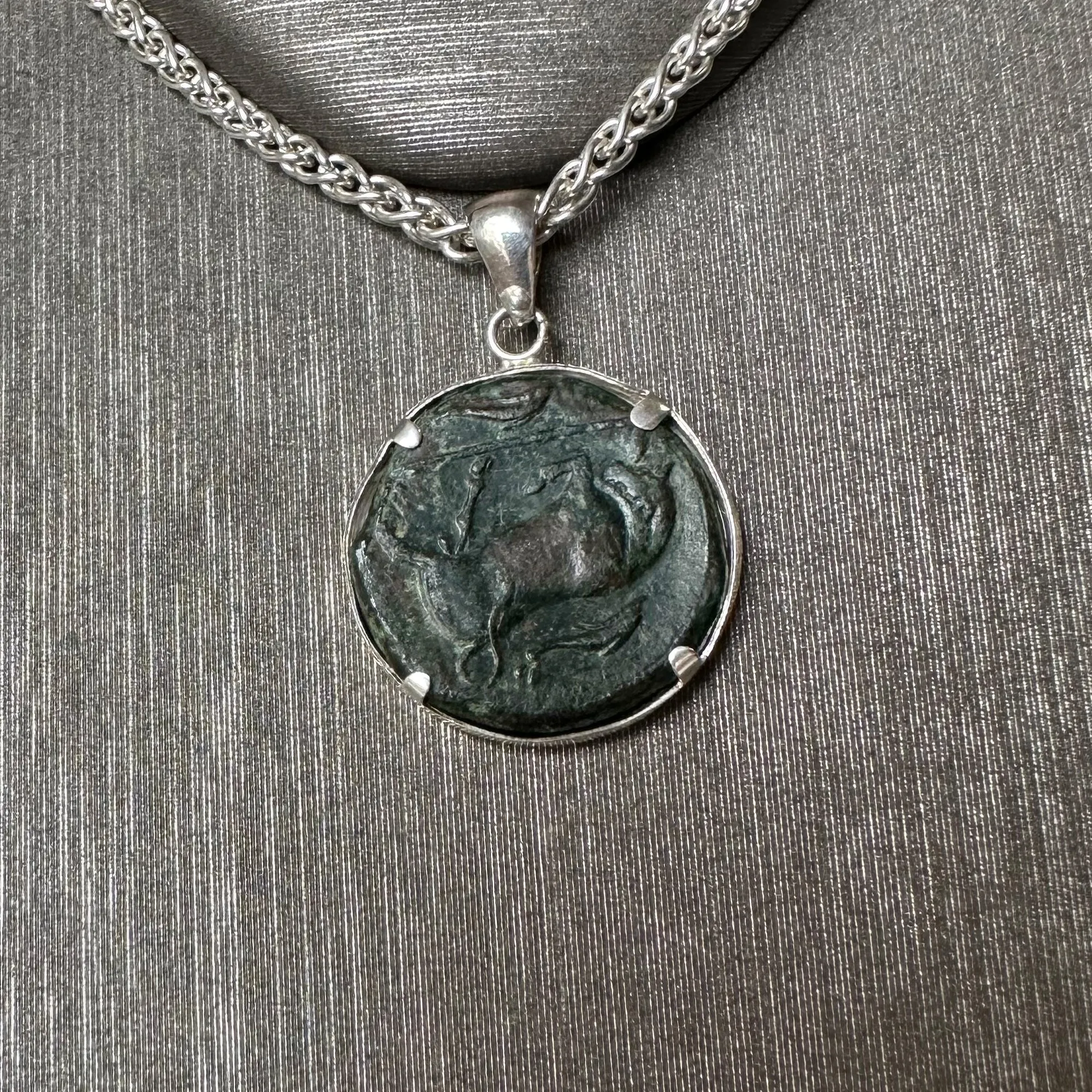 Genuine Greek Bronze Coin Silver Pendant depicting Persephone; bull on the back