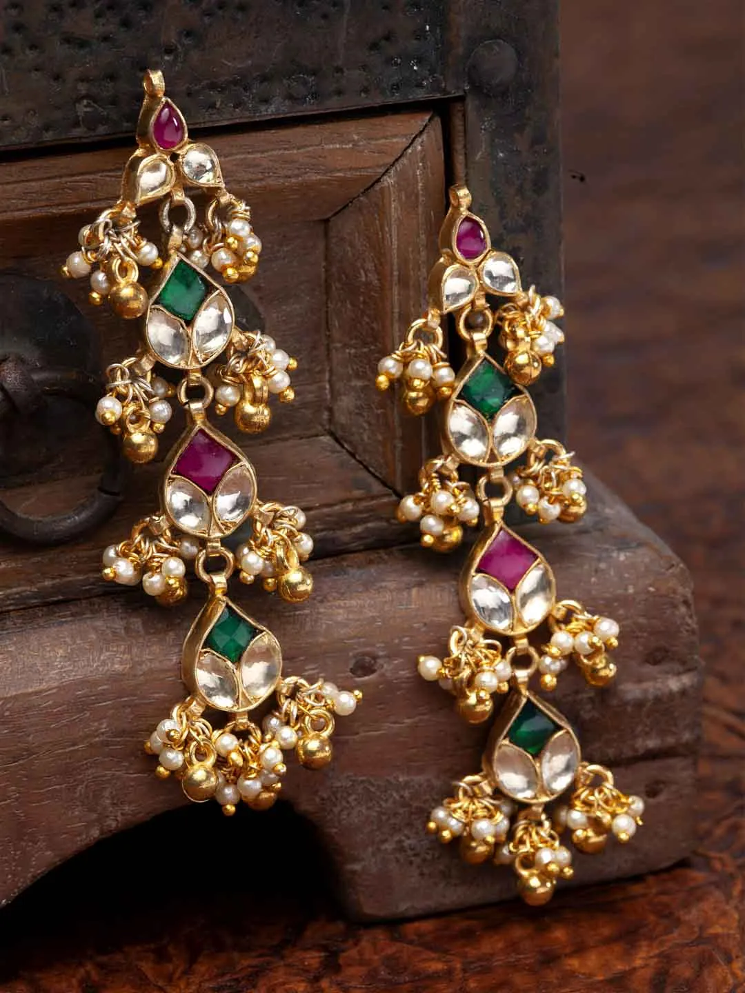 Gold-Plated & Green Kundan Handcrafted Classic Drop Earrings