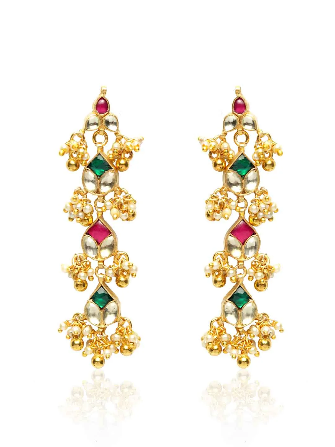 Gold-Plated & Green Kundan Handcrafted Classic Drop Earrings