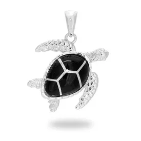 Honu Black Coral Pendant in Sterling Silver - 26mm