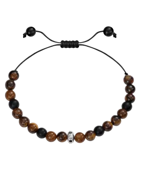 Men's Brown Tiger Eye & Matte Onyx Bead Bracelet - 14K White Gold