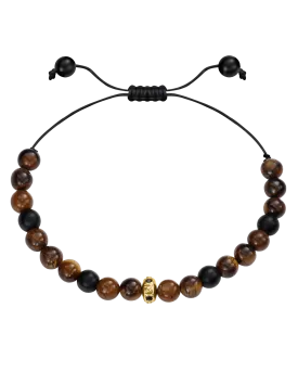 Men's Brown Tiger Eye & Matte Onyx Bead Bracelet - 14K Yellow Gold