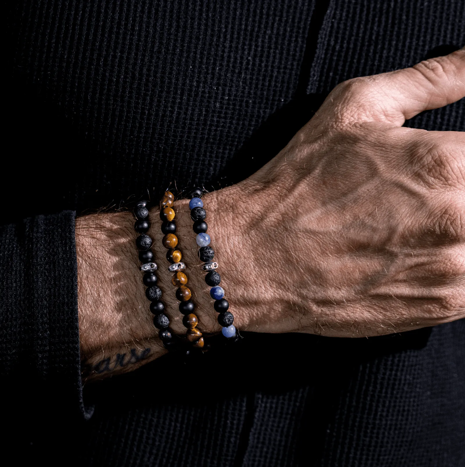 Men's Brown Tiger Eye & Matte Onyx Bead Bracelet - 14K Yellow Gold