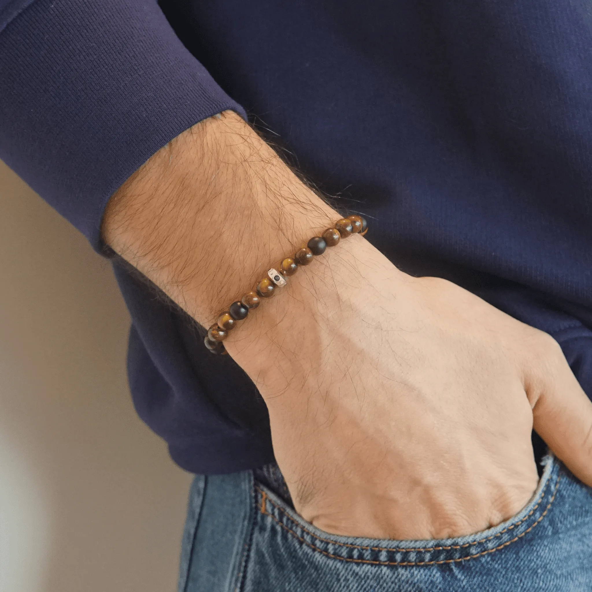 Men's Brown Tiger Eye & Matte Onyx Bead Bracelet - 14K Yellow Gold