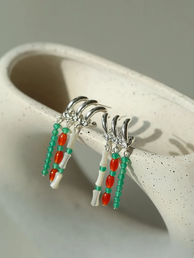 New Chinese Style Bamboo Aventurine Commuting Three-Layer Earrings