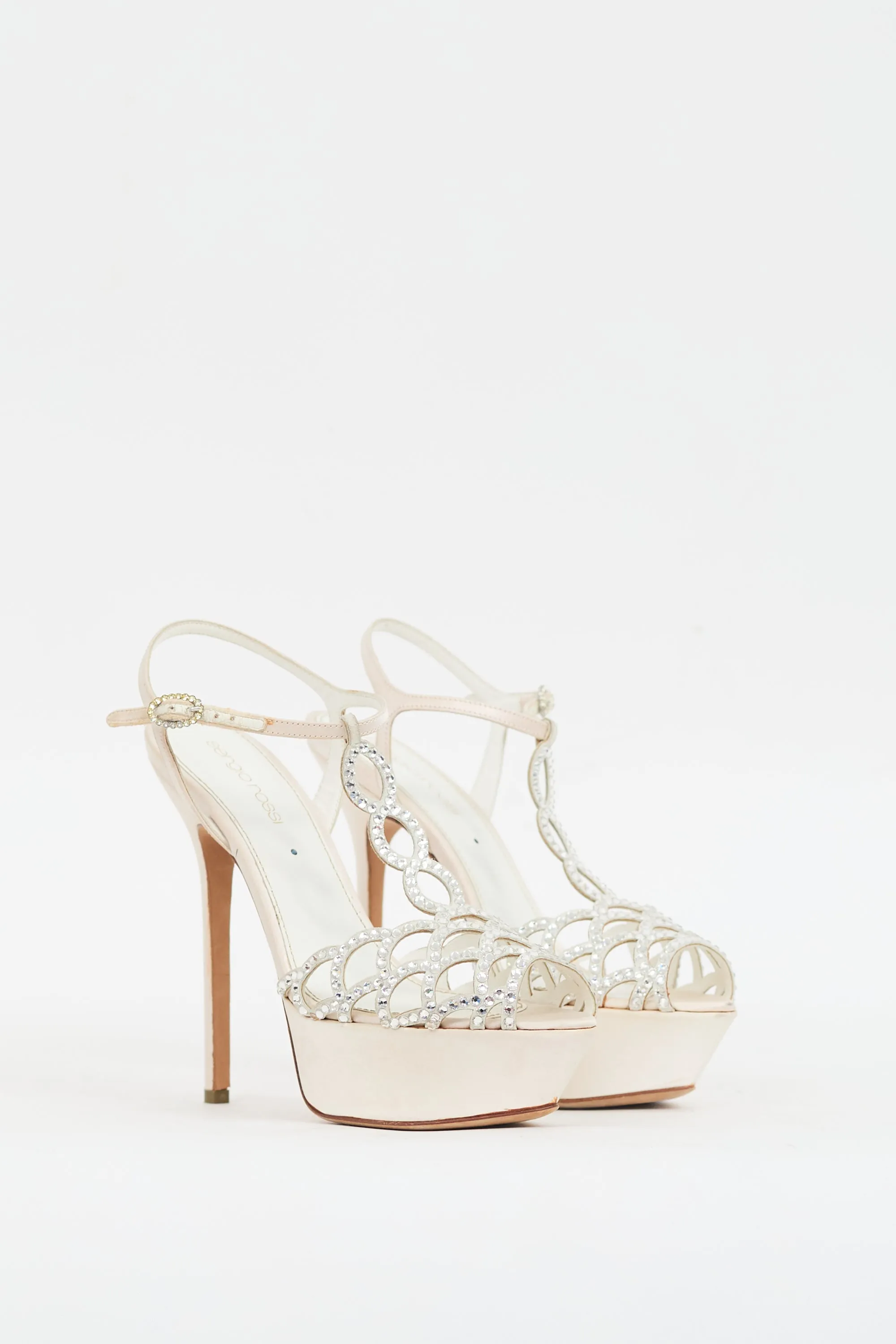 White Satin Crystal Vague Platform Heel